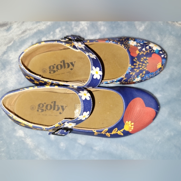 🌷 Goby Blue Poppy Print Handpainted Vegan Shoes Maryjanes Size 38 Worn Once - Picture 3 of 7